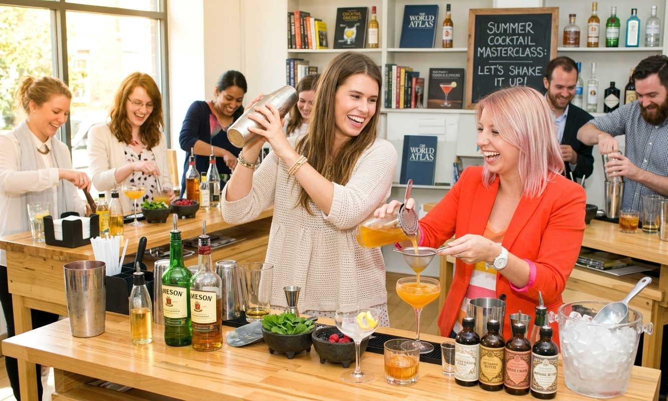 Group of friends shaking and straining cocktails at a summer masterclass